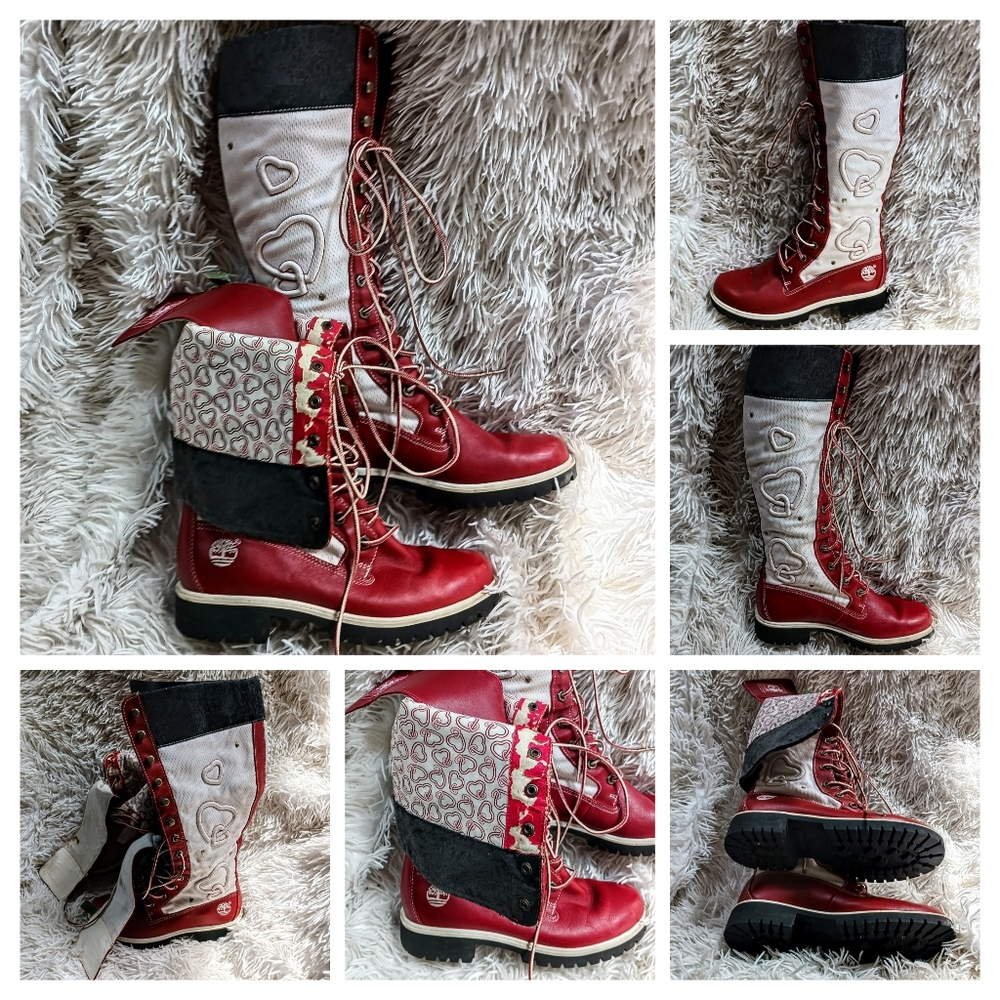 Timberland Boots Vintage Very Rare Red White Heart Calf Height Lace Up Size 6